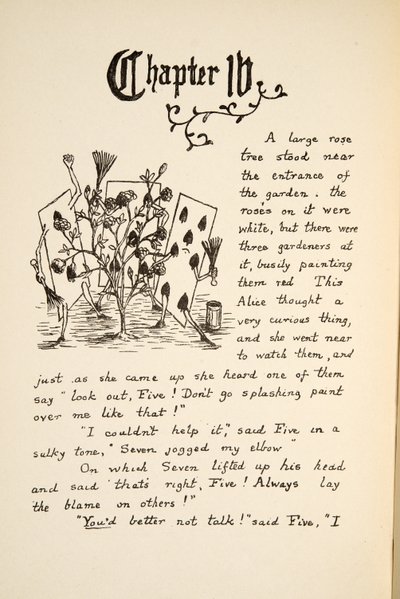 Carte da gioco dipingono la Rosa Bianca di rosso, illustrazione da Le avventure di Alice sottoterra, pub. 1886 (facsimile) da Charles Lutwidge Dodgson
